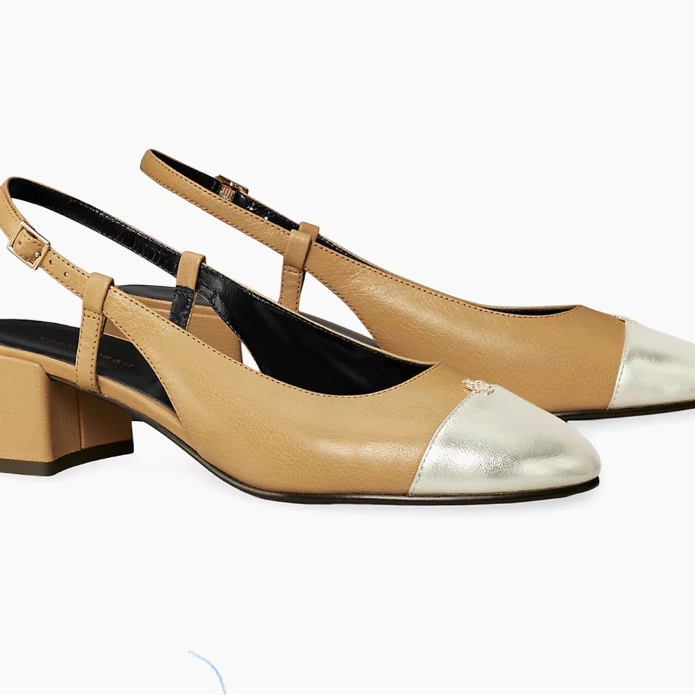 Tory Burch Beige and Silver Slingback Heels